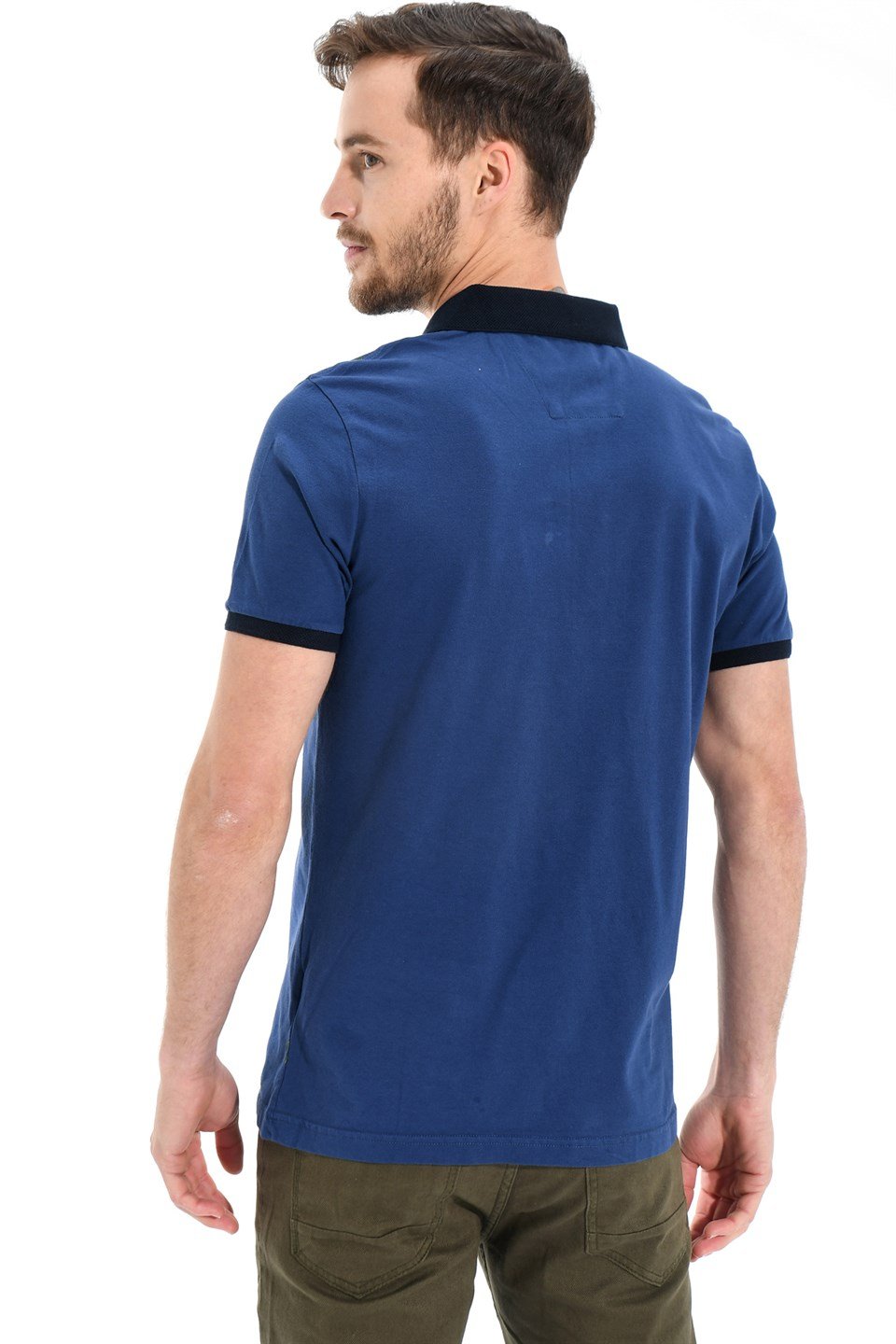  Morven Erkek İndigo Polo Yaka Dynamic Fit Rahat Kesim Cepsiz Baskılı Pike T-shirt