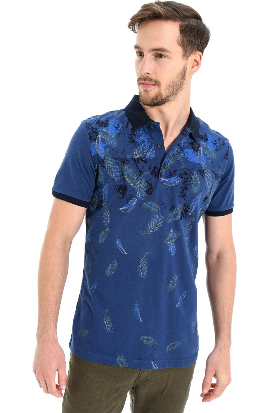  Morven Erkek İndigo Polo Yaka Dynamic Fit Rahat Kesim Cepsiz Baskılı Pike T-shirt
