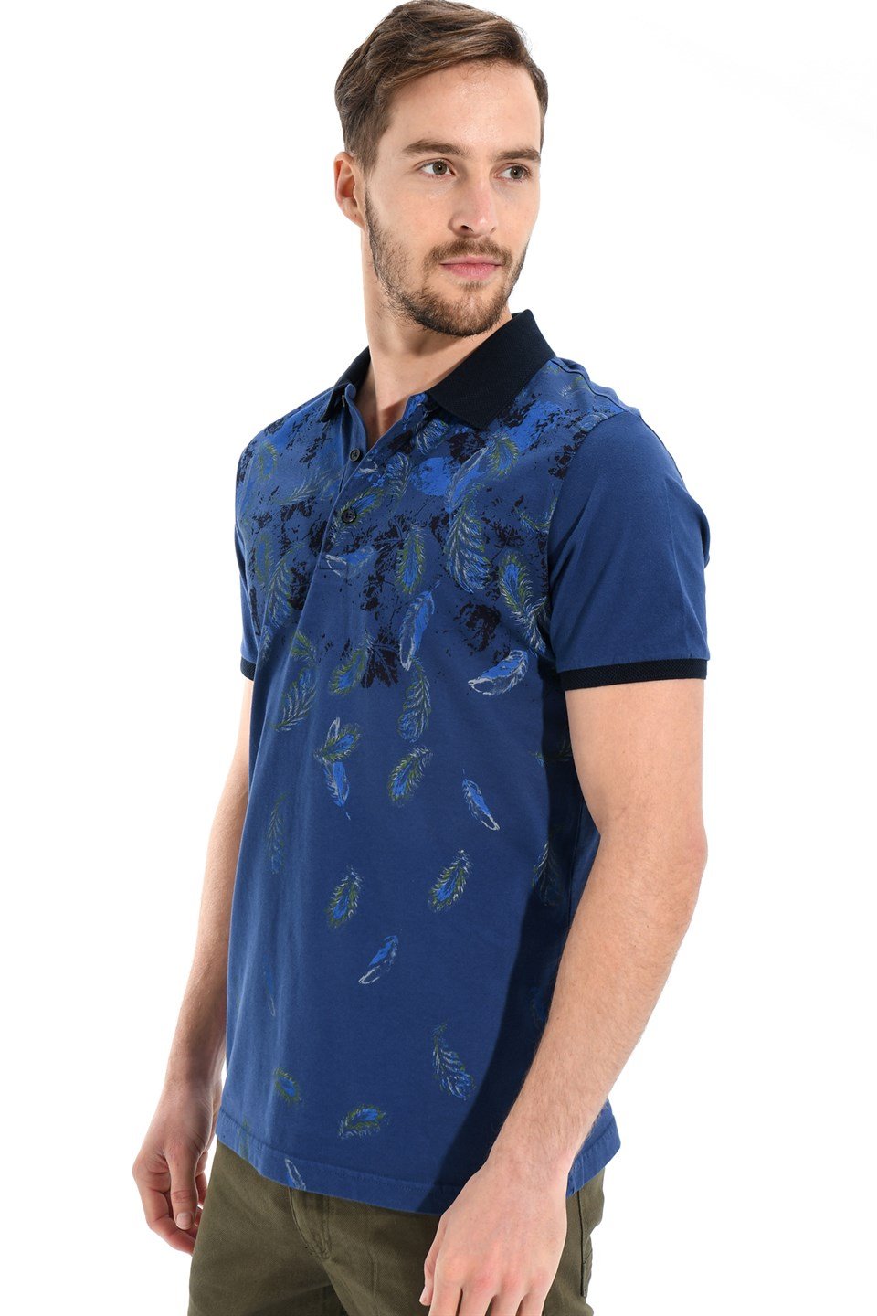  Morven Erkek İndigo Polo Yaka Dynamic Fit Rahat Kesim Cepsiz Baskılı Pike T-shirt