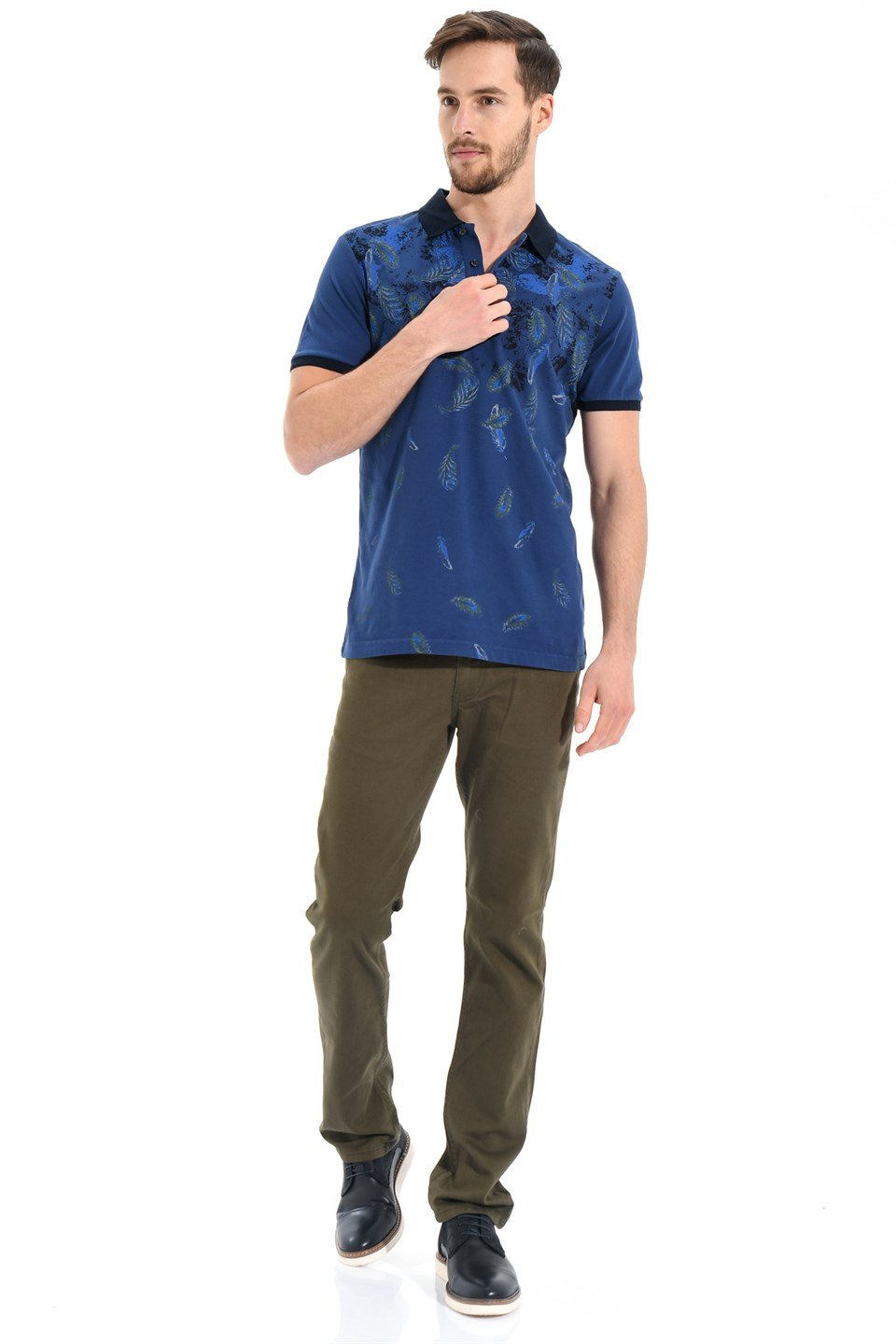  Morven Erkek İndigo Polo Yaka Dynamic Fit Rahat Kesim Cepsiz Baskılı Pike T-shirt