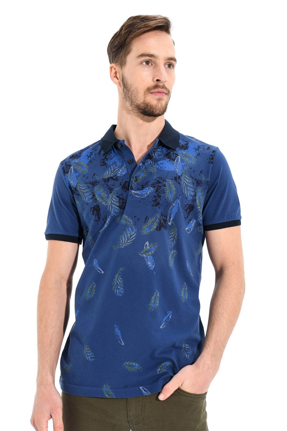  Morven Erkek İndigo Polo Yaka Dynamic Fit Rahat Kesim Cepsiz Baskılı Pike T-shirt