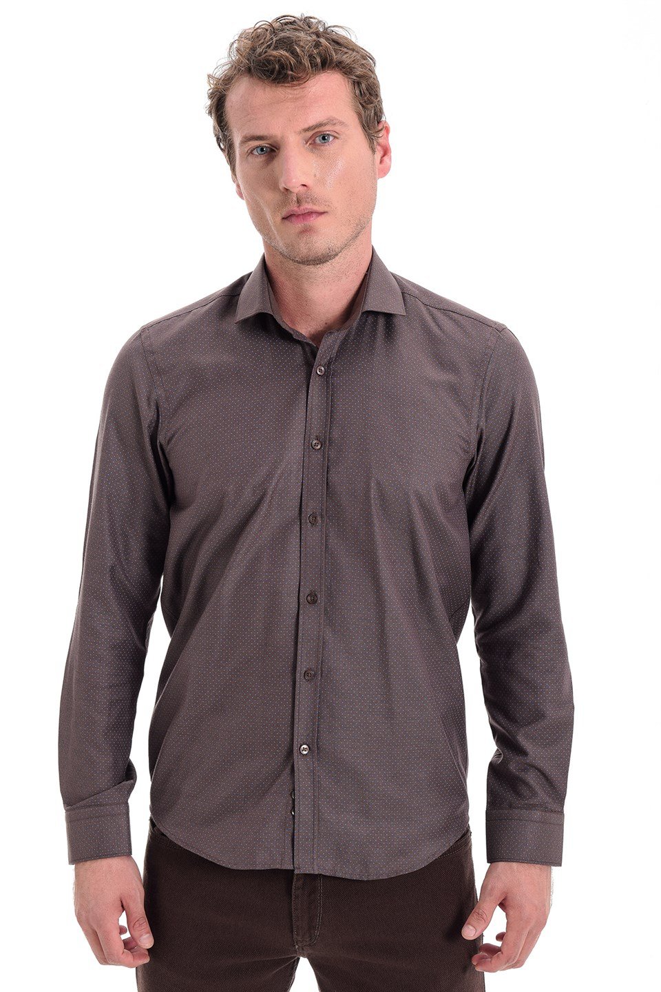  Morven Erkek Kahverengi Nopa Ekstra Slim Fit Çok Dar Baskılı İtalyan Yaka Uzun Kollu Gömlek