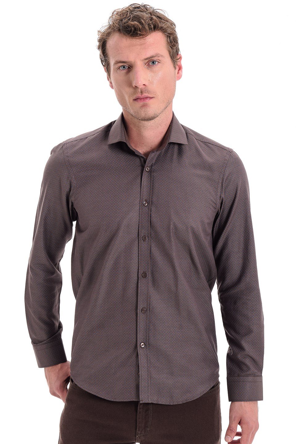  Morven Erkek Kahverengi Nopa Ekstra Slim Fit Çok Dar Baskılı İtalyan Yaka Uzun Kollu Gömlek