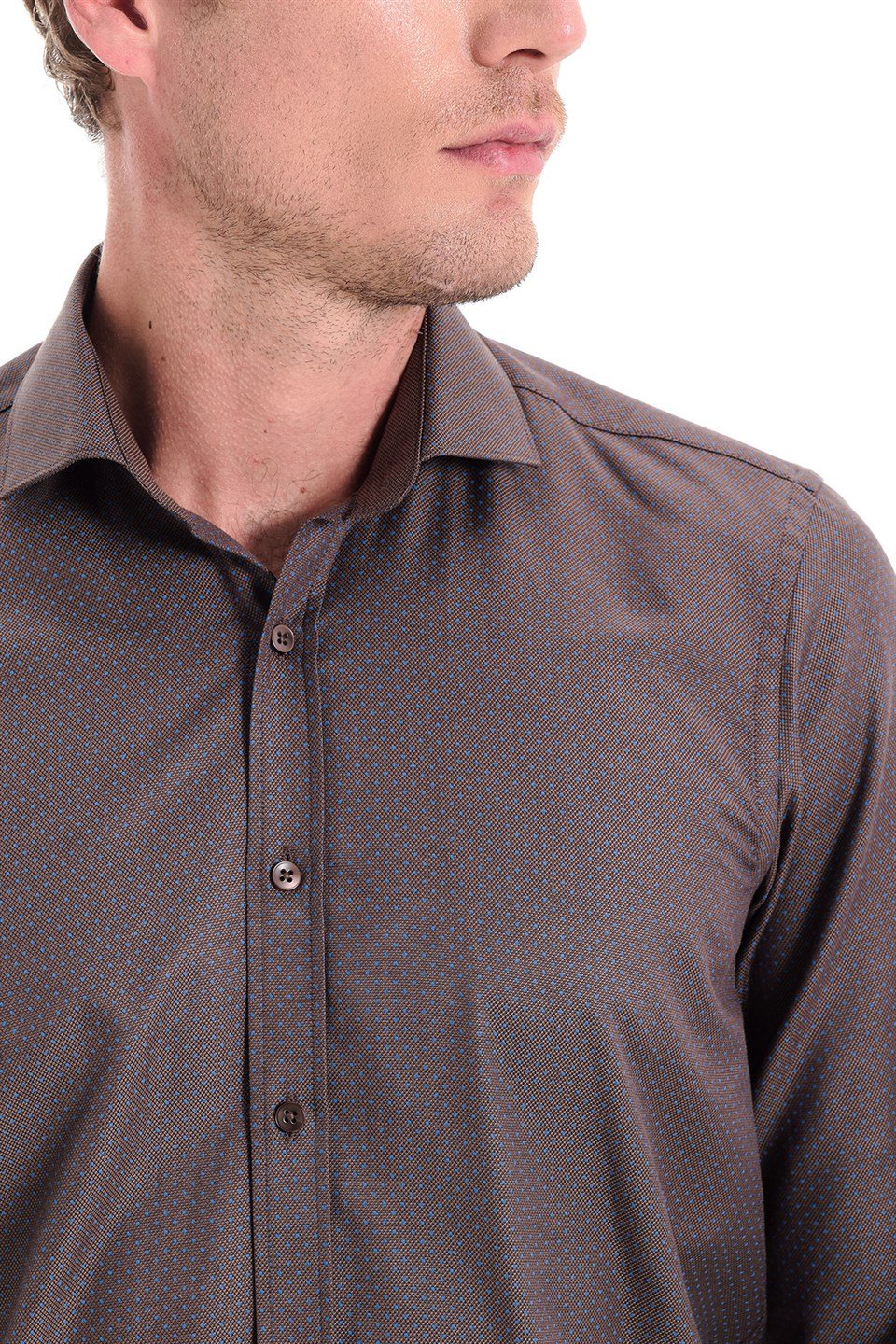  Morven Erkek Kahverengi Nopa Ekstra Slim Fit Çok Dar Baskılı İtalyan Yaka Uzun Kollu Gömlek