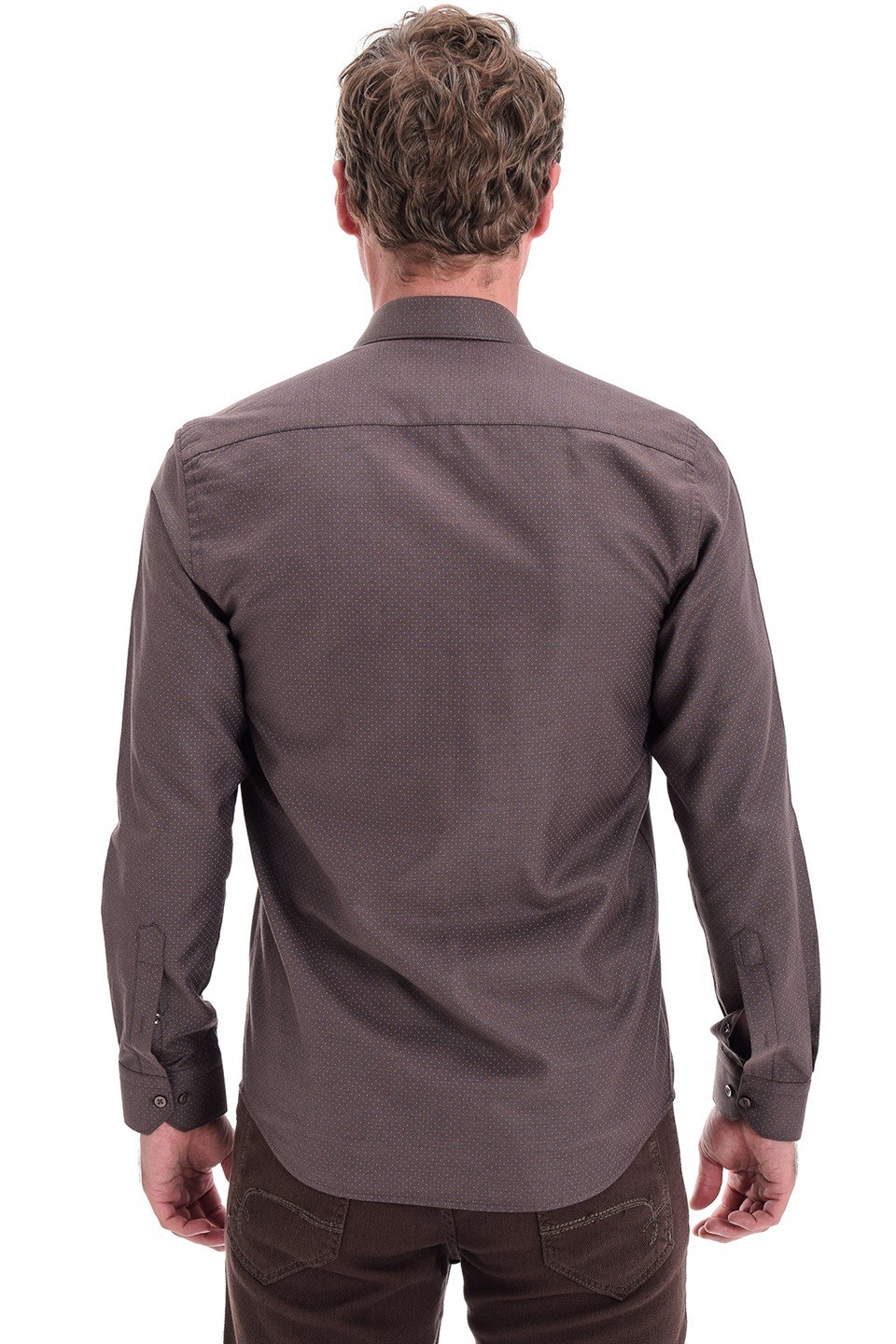  Morven Erkek Kahverengi Nopa Ekstra Slim Fit Çok Dar Baskılı İtalyan Yaka Uzun Kollu Gömlek