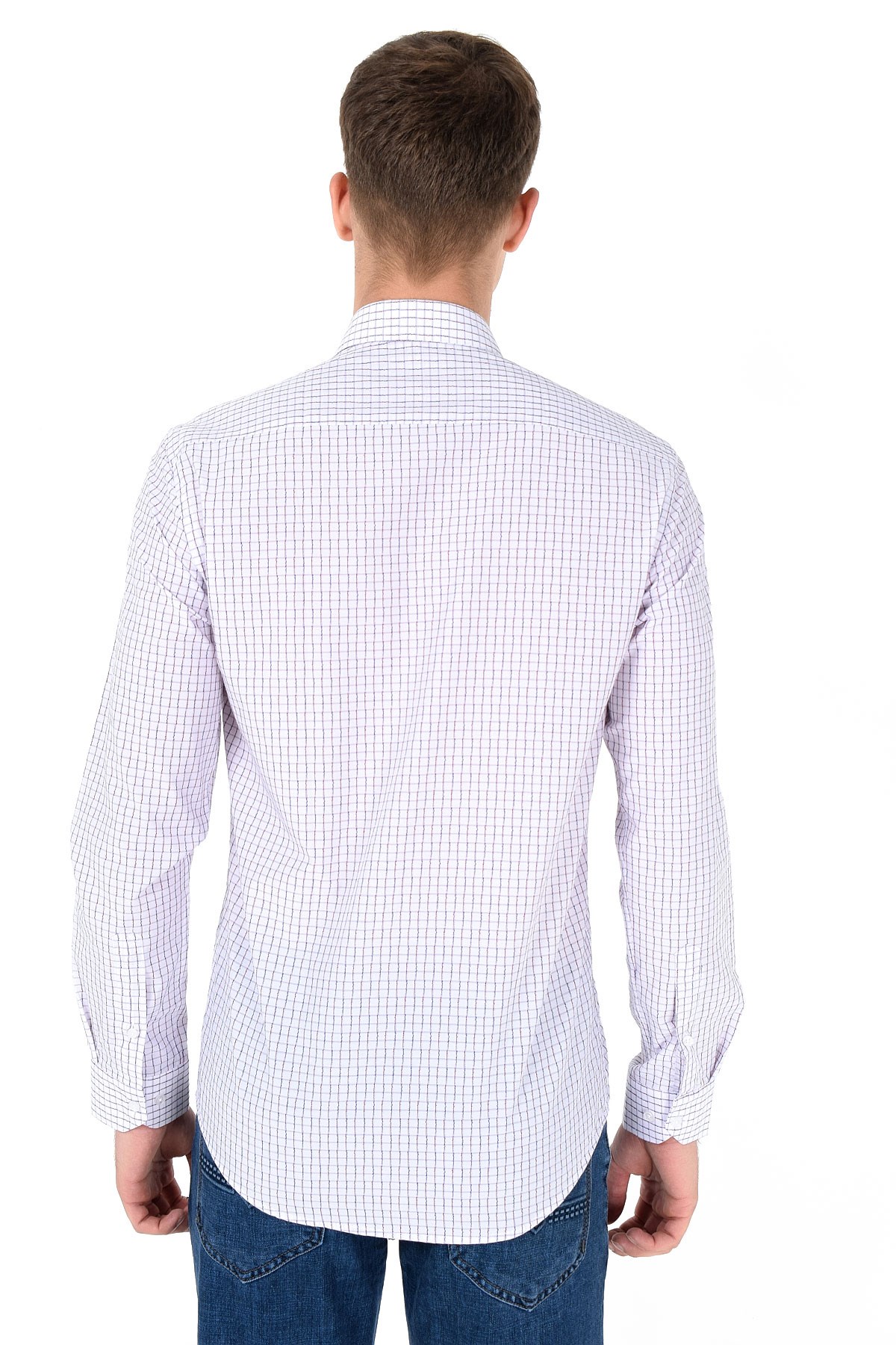  Morven Erkek Kırmızı Slim Fit Dar Kesim Kareli Sert Yaka Uzun Kollu Gömlek