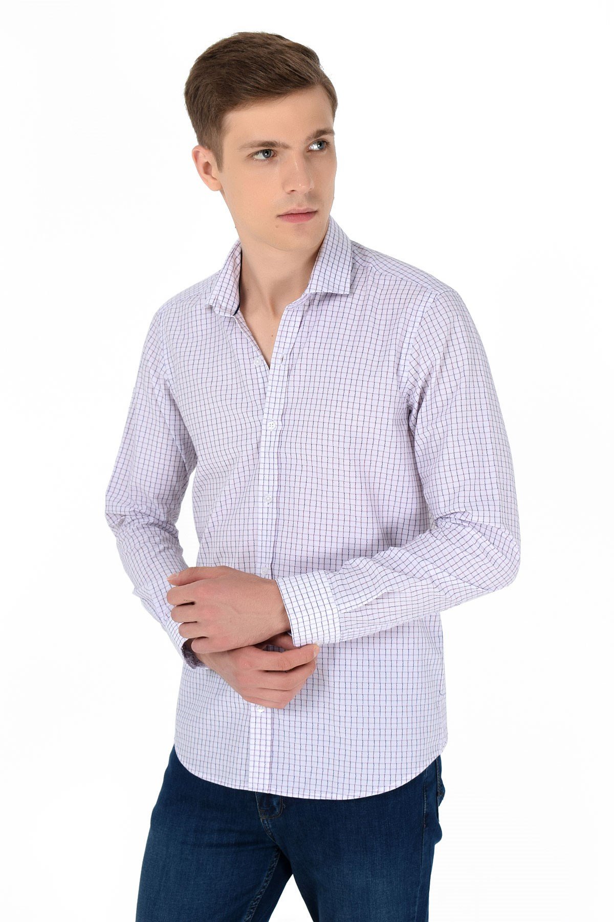 Morven Erkek Kırmızı Slim Fit Dar Kesim Kareli Sert Yaka Uzun Kollu Gömlek