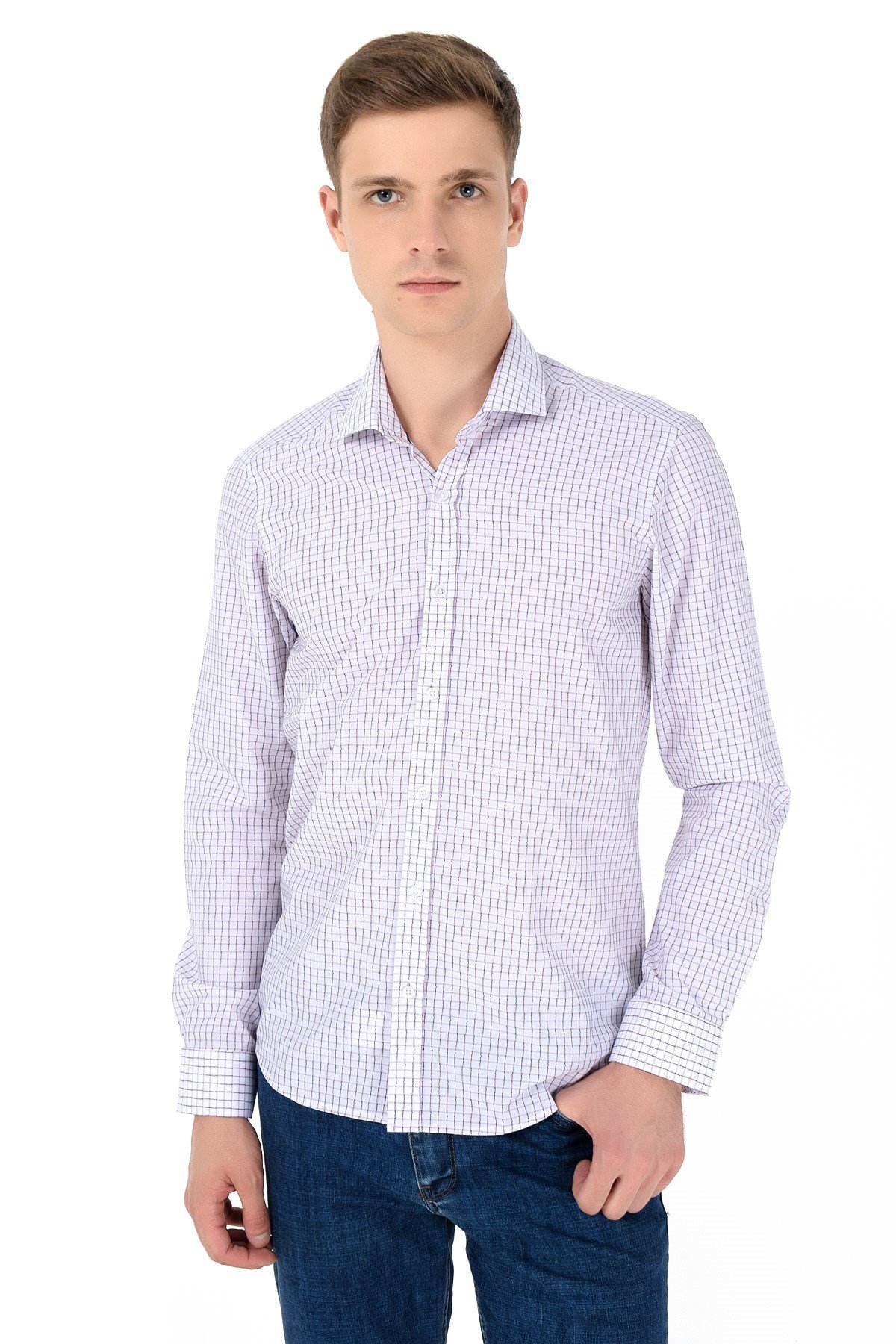  Morven Erkek Kırmızı Slim Fit Dar Kesim Kareli Sert Yaka Uzun Kollu Gömlek