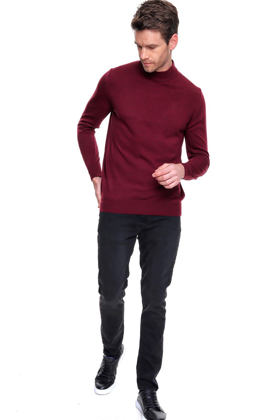  Morven Erkek Koyu Bordo Basic Dinamik Fit Yarım Balıkçı Triko Kazak