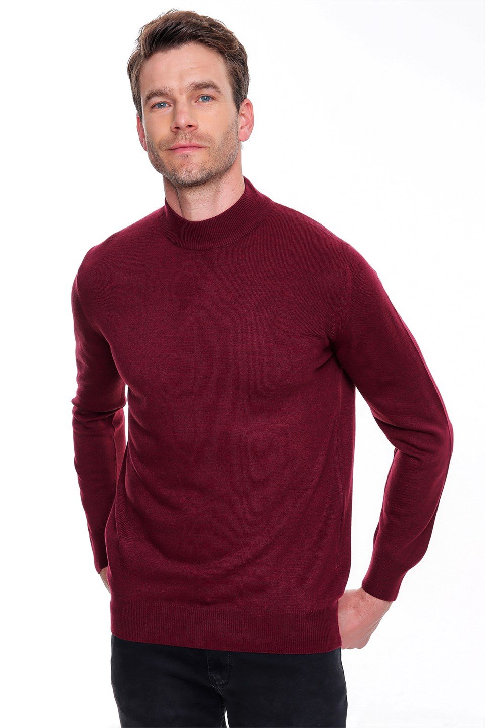  Morven Erkek Koyu Bordo Basic Dinamik Fit Yarım Balıkçı Triko Kazak