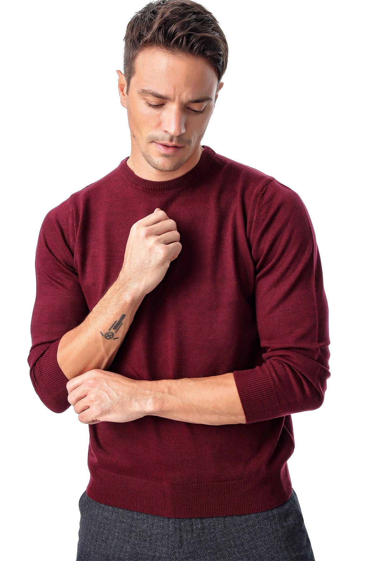  Morven Erkek Koyu Bordo Dinamik Fit Basic Bisiklet Yaka Triko Kazak