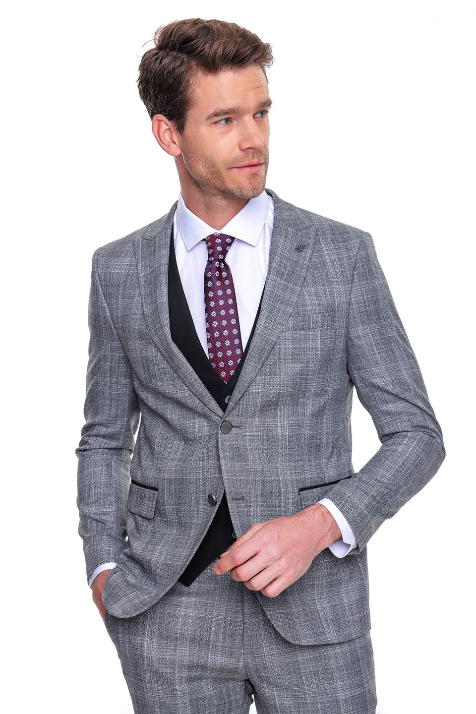  Morven Erkek Koyu Gri Rebul Kombinli Yelekli Slim Fit Dar Kesim 6 Drop Takım Elbise