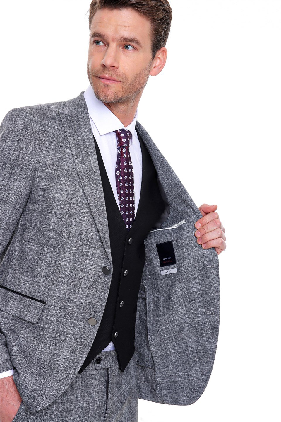  Morven Erkek Koyu Gri Rebul Kombinli Yelekli Slim Fit Dar Kesim 6 Drop Takım Elbise