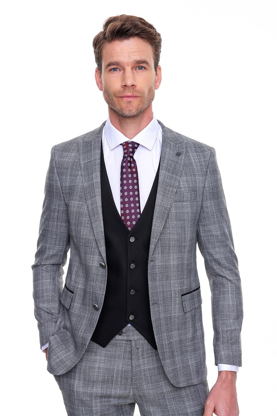  Morven Erkek Koyu Gri Rebul Kombinli Yelekli Slim Fit Dar Kesim 6 Drop Takım Elbise