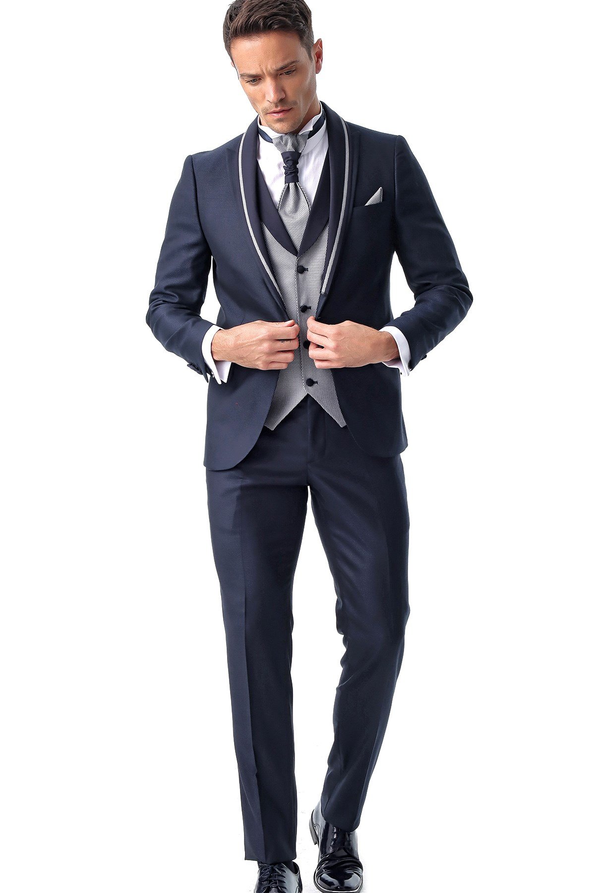  Morven Erkek Lacivert Arles Slimfit Jakarlı Damatlık