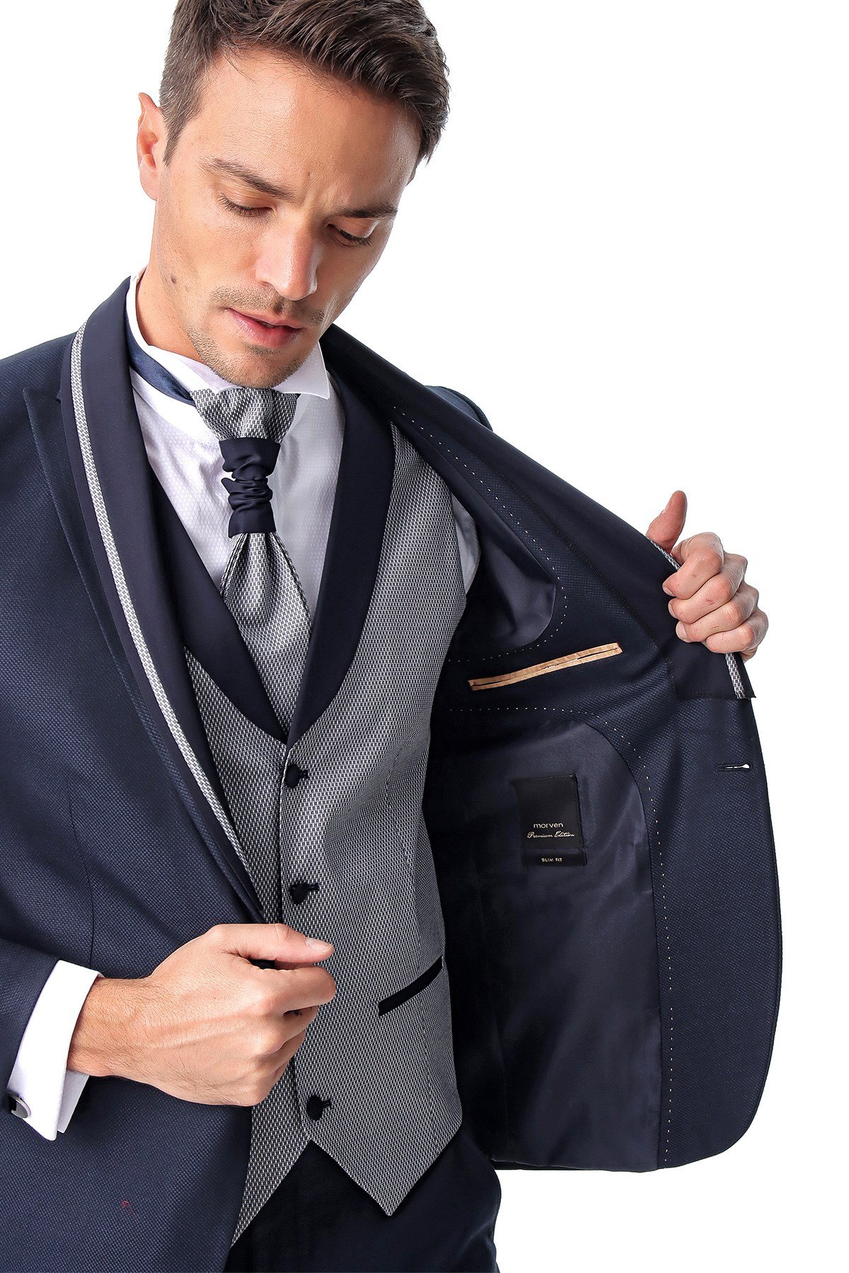  Morven Erkek Lacivert Arles Slimfit Jakarlı Damatlık