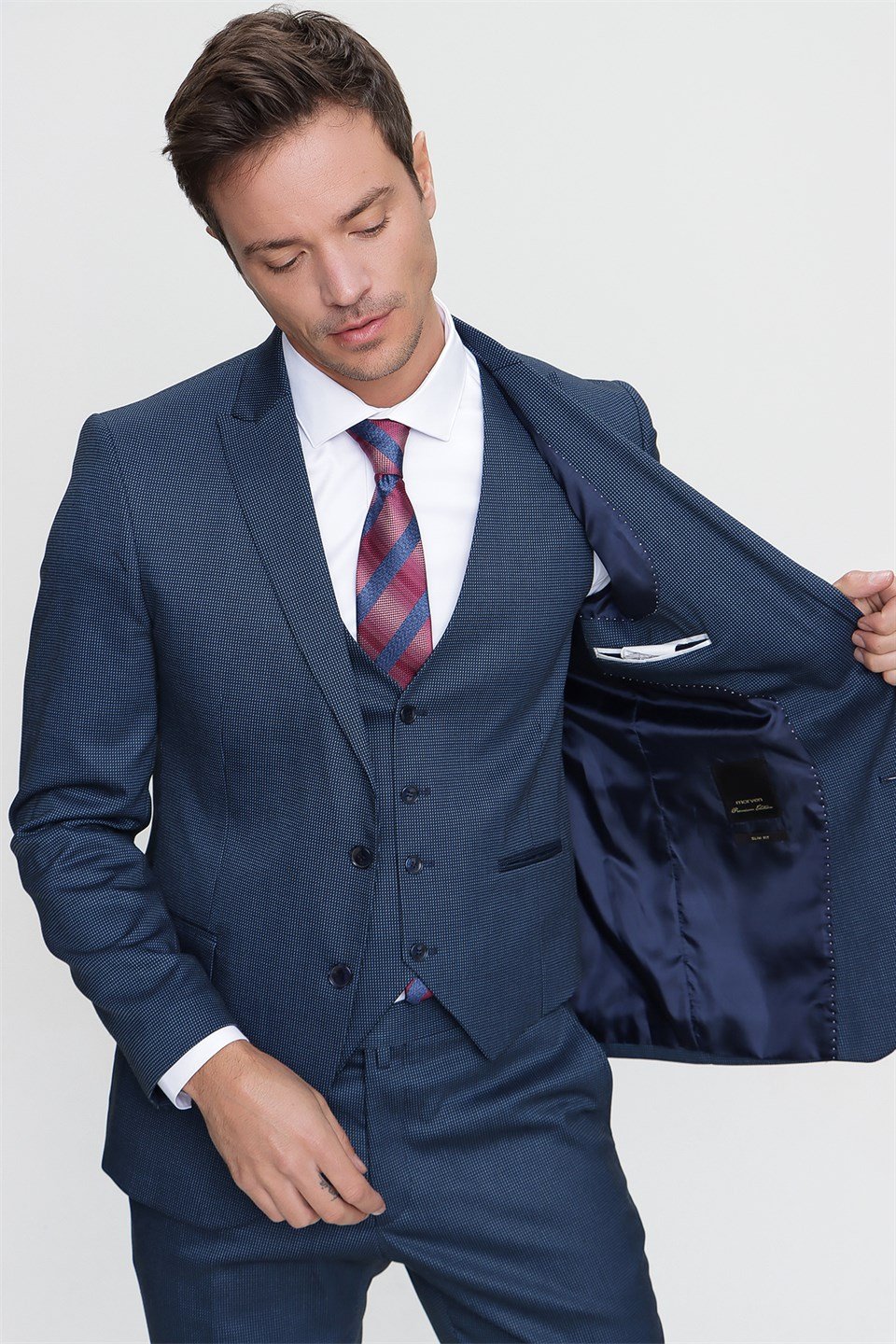  Morven Erkek Lacivert Darwin Yelekli Slim Fit Dar Kesim 6 Drop Takım Elbise