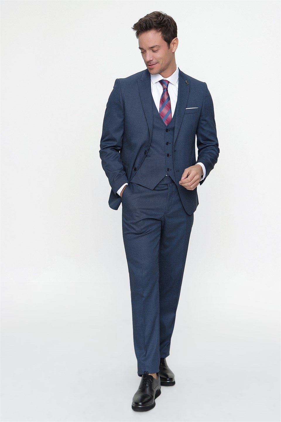  Morven Erkek Lacivert Darwin Yelekli Slim Fit Dar Kesim 6 Drop Takım Elbise
