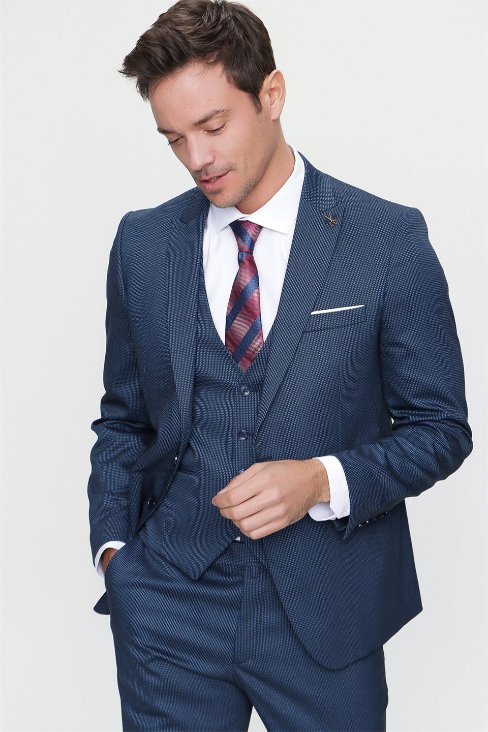  Morven Erkek Lacivert Darwin Yelekli Slim Fit Dar Kesim 6 Drop Takım Elbise