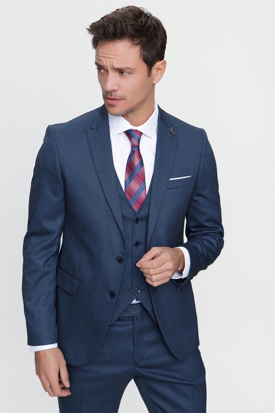  Morven Erkek Lacivert Darwin Yelekli Slim Fit Dar Kesim 6 Drop Takım Elbise