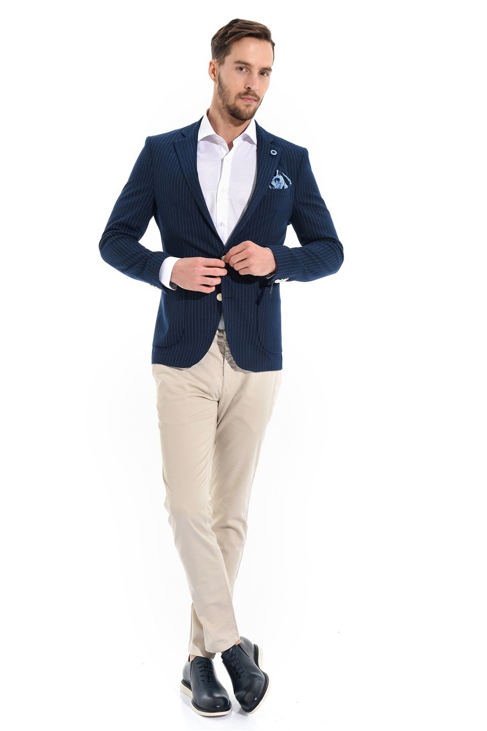 Morven Erkek Lacivert Grana Slim Fit Dar Kesim Çizgili Torba Cep 6 Drop Ceket