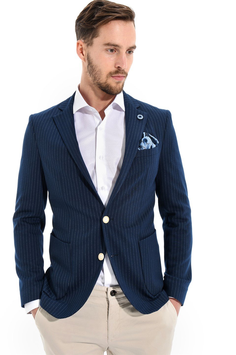  Morven Erkek Lacivert Grana Slim Fit Dar Kesim Çizgili Torba Cep 6 Drop Ceket
