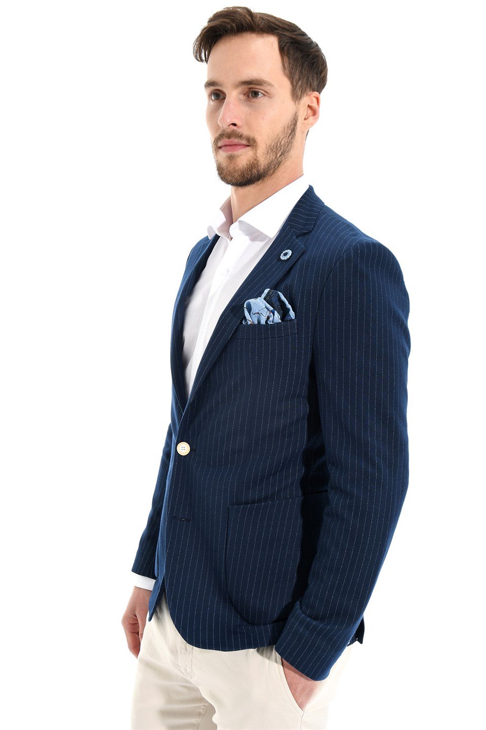  Morven Erkek Lacivert Grana Slim Fit Dar Kesim Çizgili Torba Cep 6 Drop Ceket