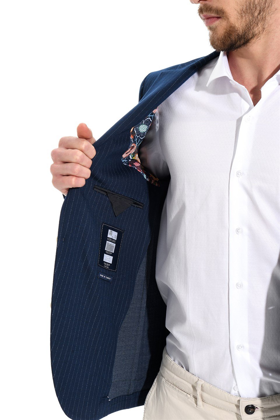  Morven Erkek Lacivert Grana Slim Fit Dar Kesim Çizgili Torba Cep 6 Drop Ceket
