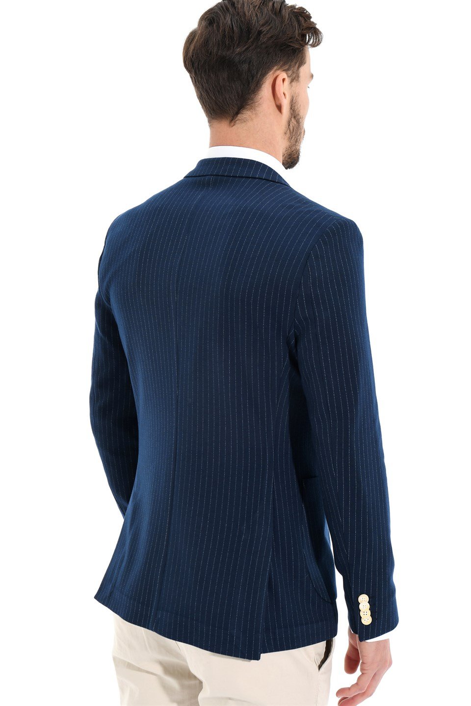  Morven Erkek Lacivert Grana Slim Fit Dar Kesim Çizgili Torba Cep 6 Drop Ceket