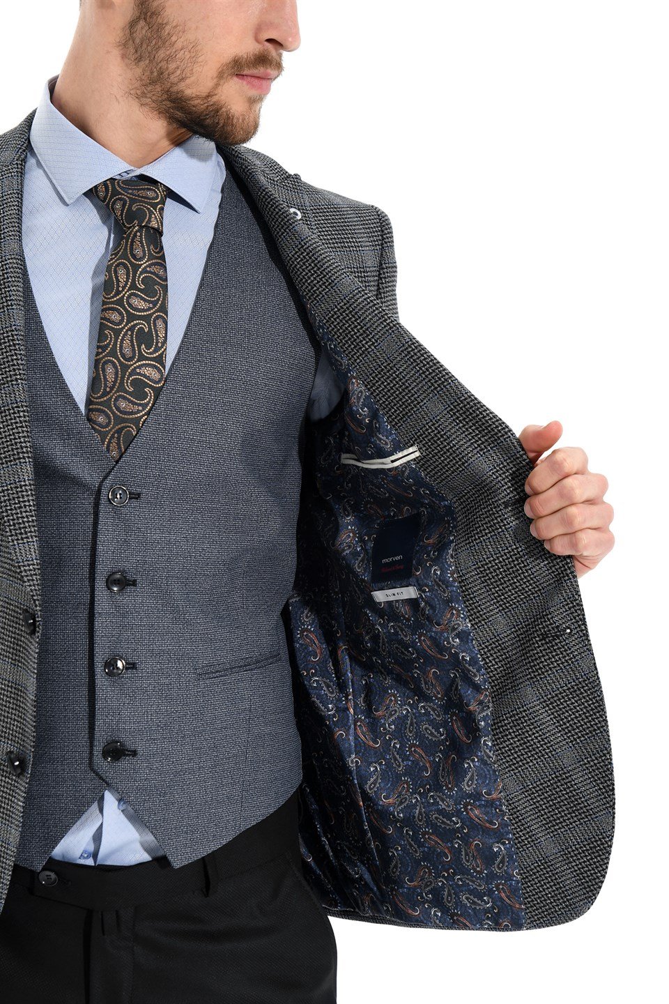  Morven Erkek Lacivert Kareli Slim Fit Dar Kesim Kombinli Yelekli 6 Drop Takım Elbise