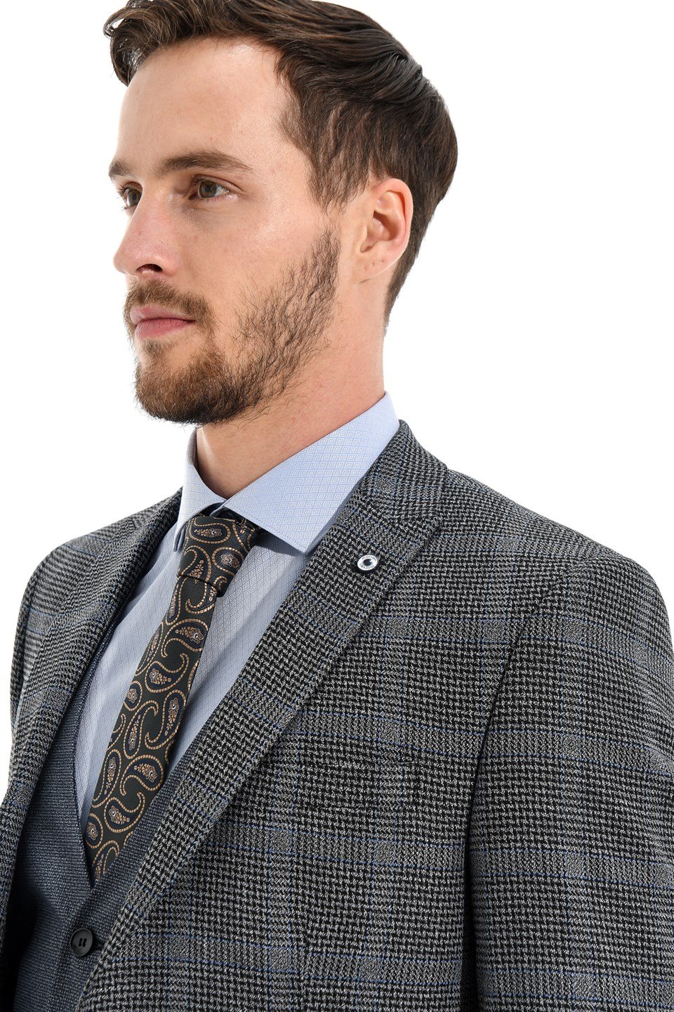  Morven Erkek Lacivert Kareli Slim Fit Dar Kesim Kombinli Yelekli 6 Drop Takım Elbise