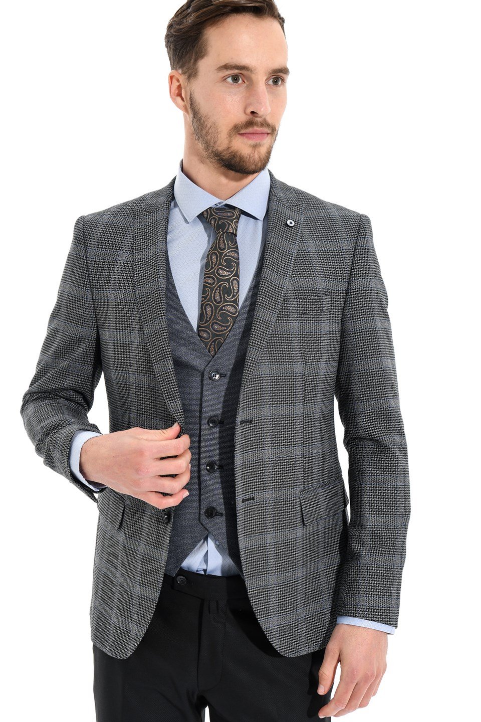  Morven Erkek Lacivert Kareli Slim Fit Dar Kesim Kombinli Yelekli 6 Drop Takım Elbise
