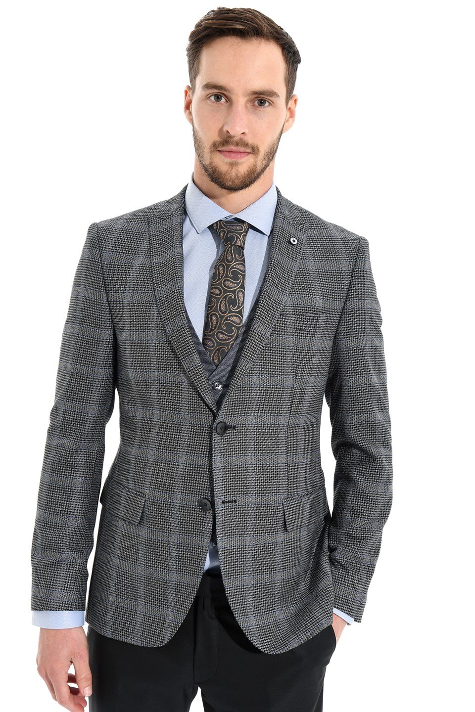  Morven Erkek Lacivert Kareli Slim Fit Dar Kesim Kombinli Yelekli 6 Drop Takım Elbise