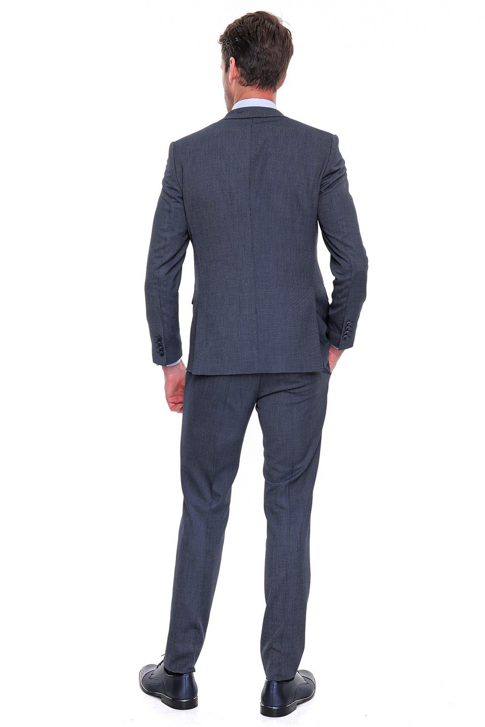  Morven Erkek Lacivert Persia Desenli Slim Fit Dar Kalıp Yelekli 6 Drop Takım Elbise