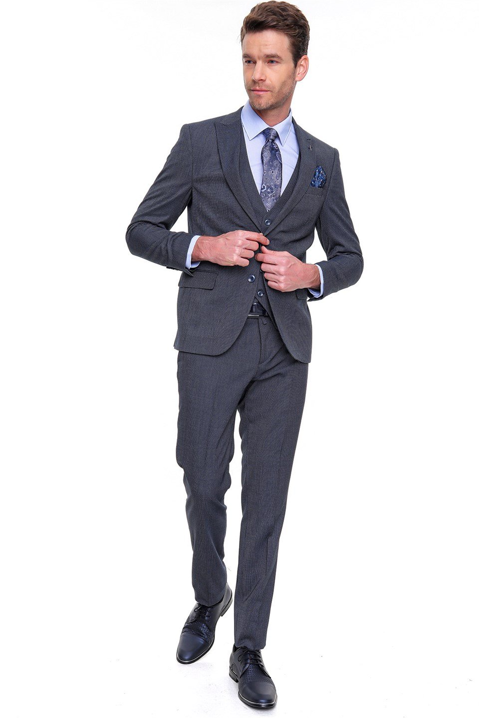  Morven Erkek Lacivert Persia Desenli Slim Fit Dar Kalıp Yelekli 6 Drop Takım Elbise