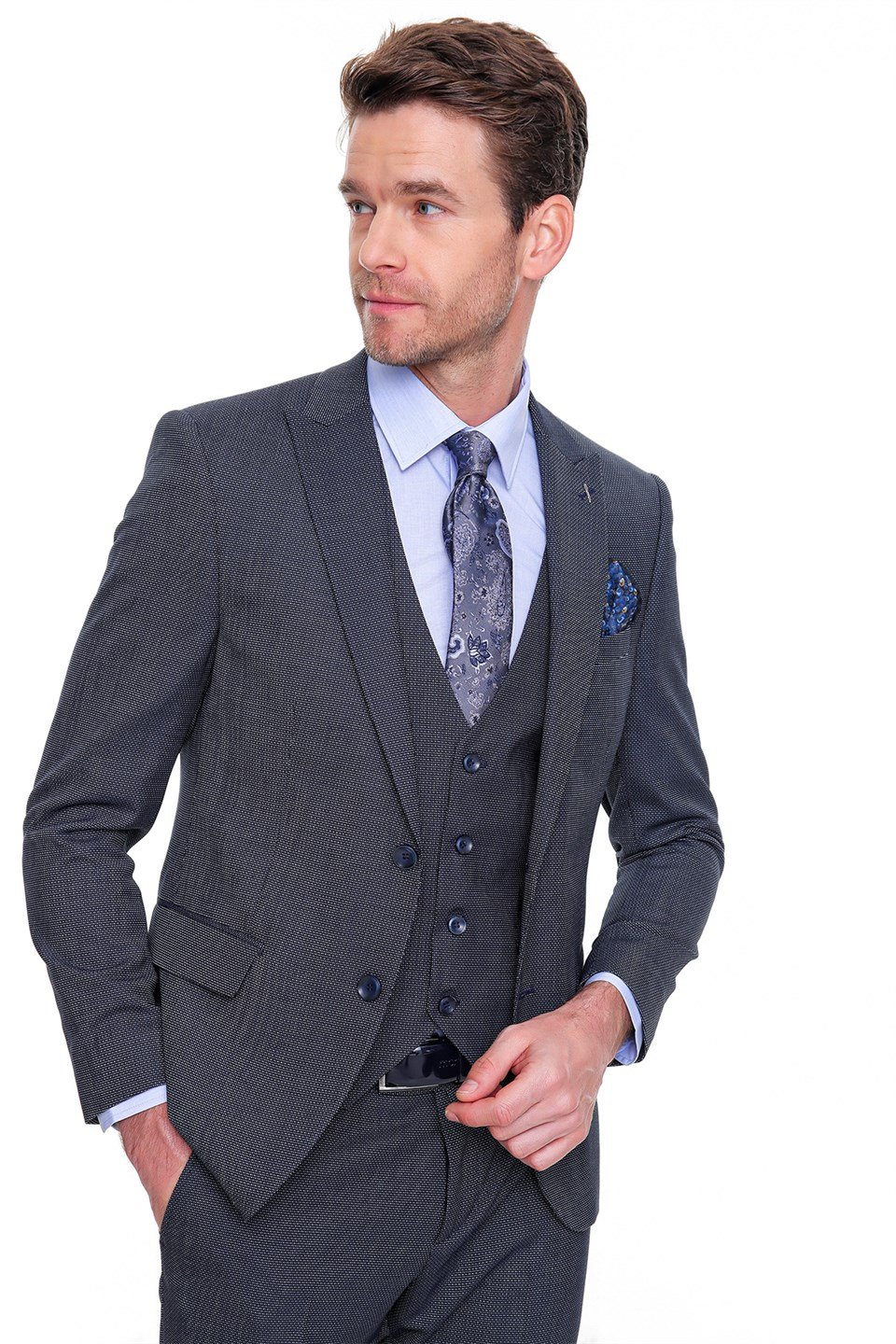  Morven Erkek Lacivert Persia Desenli Slim Fit Dar Kalıp Yelekli 6 Drop Takım Elbise
