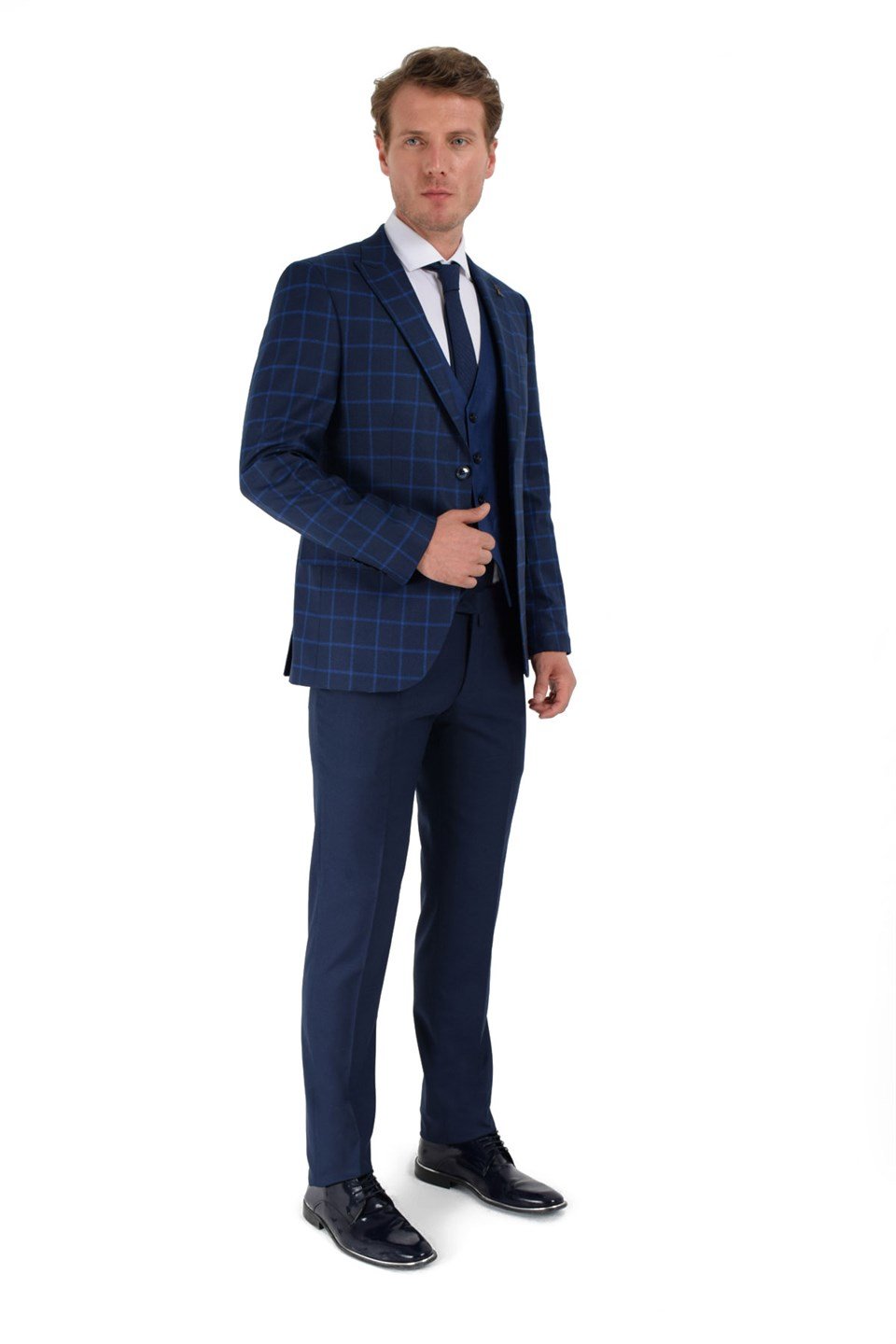  Morven Erkek Lacivert Rooney Slim Fit Dar Kesim Yelekli Kombin 6 Drop Takım Elbise