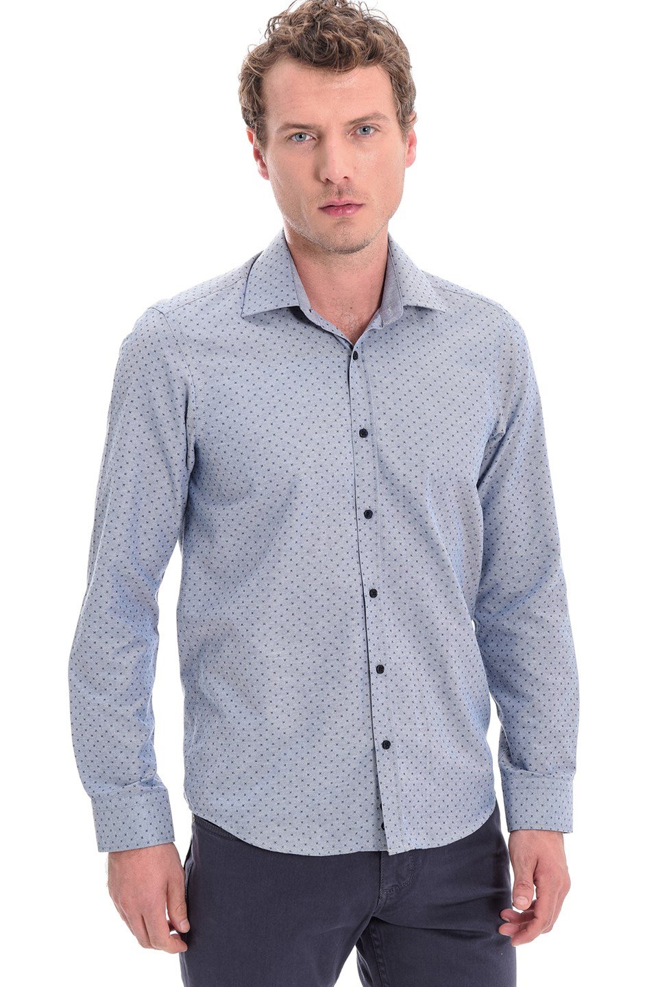  Morven Erkek Lacivert Saldera Ekstra Slim Fit Çok Dar Sert Yaka Düz Uzun Kollu Gömlek