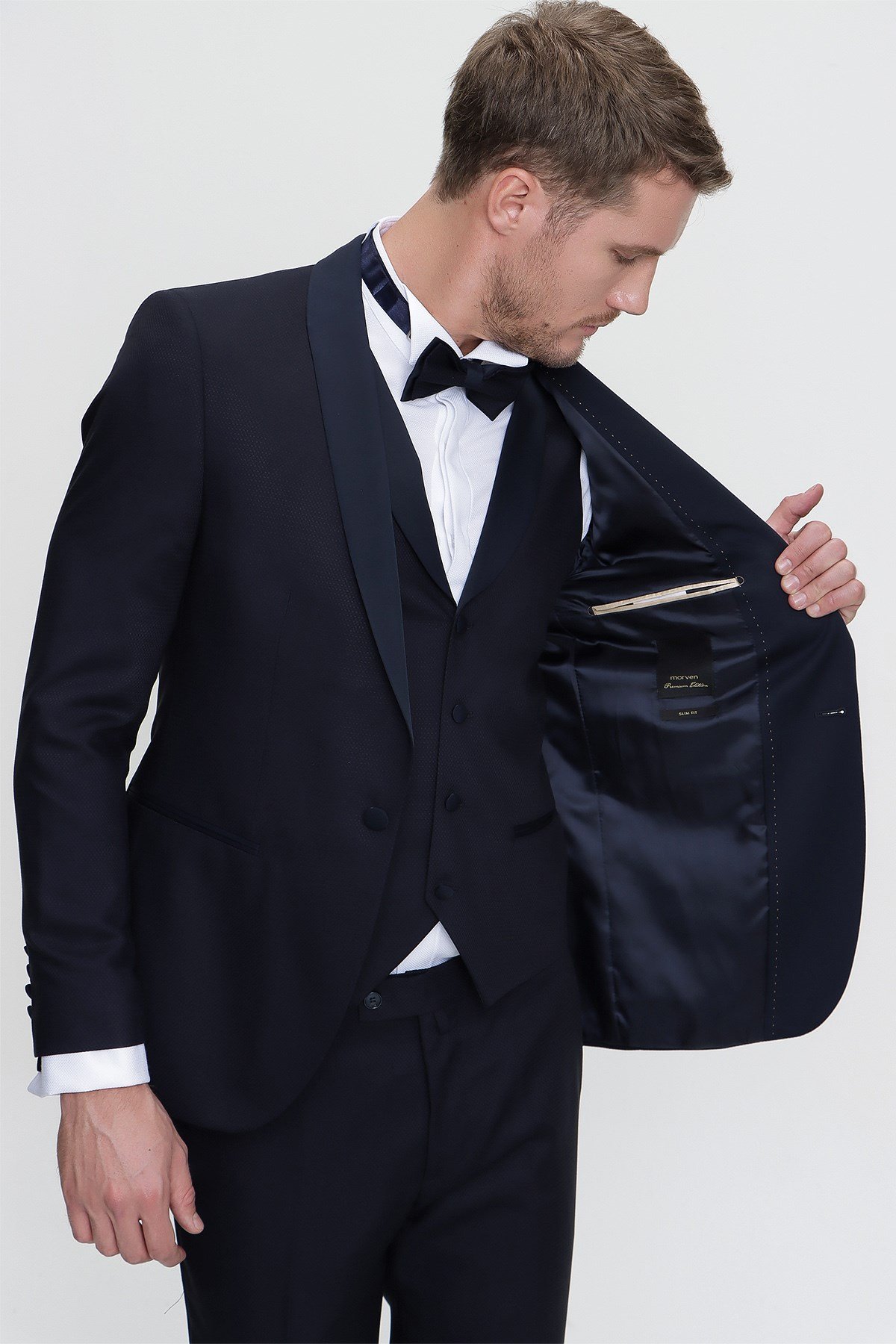  Morven Erkek Lacivert Santorin Ceremonia Jakarlı Slim Fit Dar Kesim Damatlık