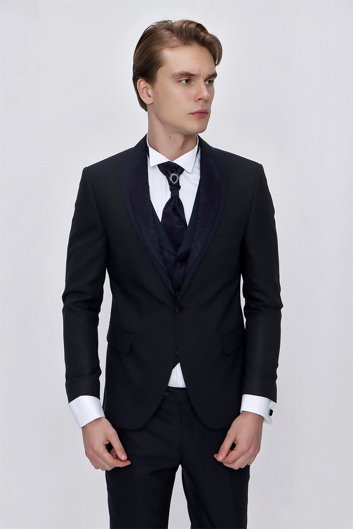  Morven Erkek Lacivert Santos Çıkma Yaka Slim Fit  Damatlık