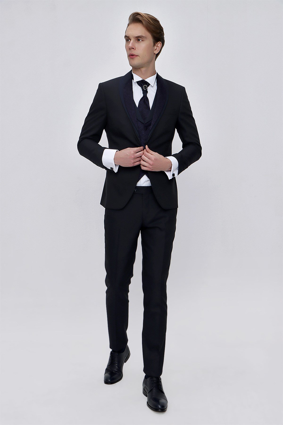  Morven Erkek Lacivert Santos Çıkma Yaka Slim Fit  Damatlık