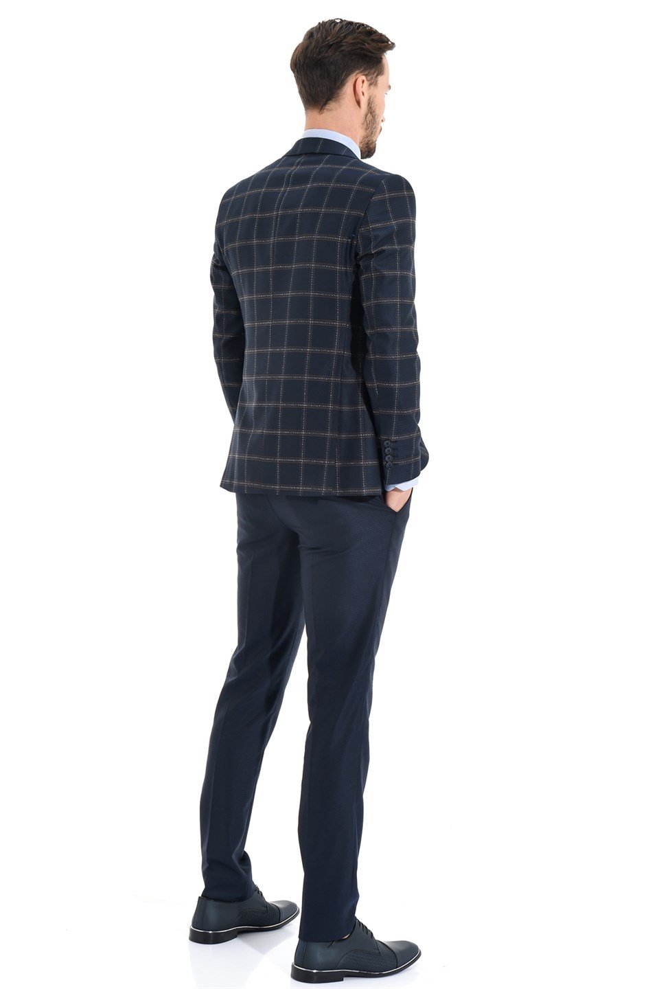  Morven Erkek Lacivert Tesutti Kareli Yelekli Kombinli Slim Fit Dar Kesim 6 Drop Takım Elbise