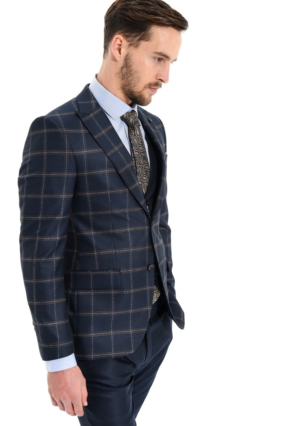  Morven Erkek Lacivert Tesutti Kareli Yelekli Kombinli Slim Fit Dar Kesim 6 Drop Takım Elbise