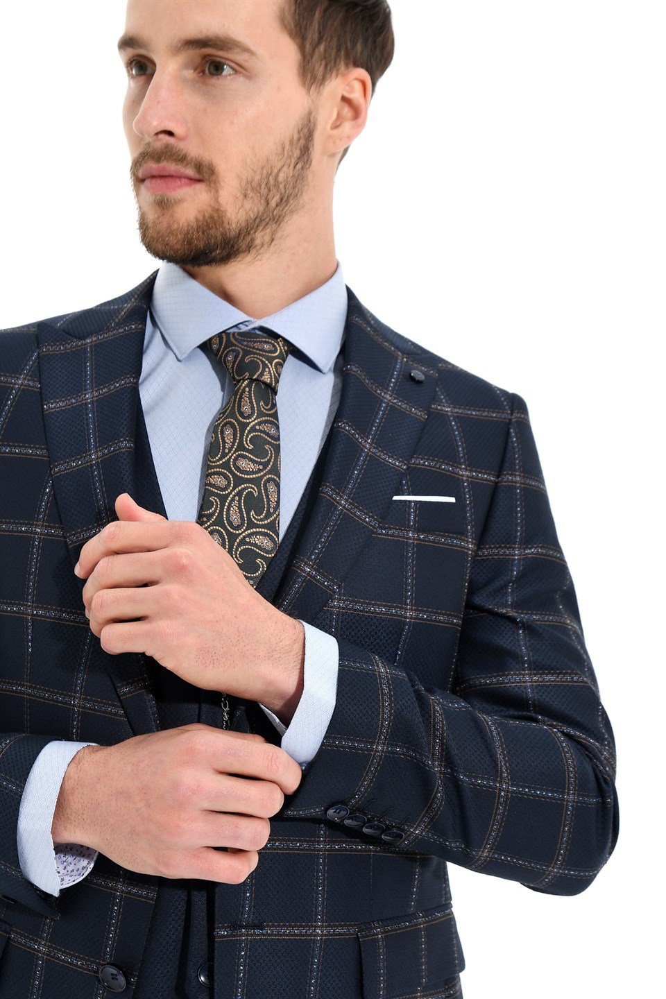  Morven Erkek Lacivert Tesutti Kareli Yelekli Kombinli Slim Fit Dar Kesim 6 Drop Takım Elbise