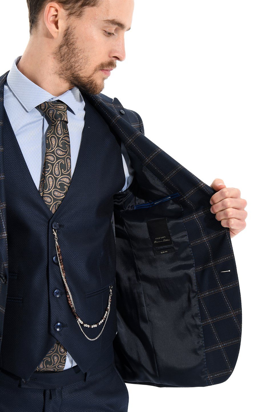  Morven Erkek Lacivert Tesutti Kareli Yelekli Kombinli Slim Fit Dar Kesim 6 Drop Takım Elbise