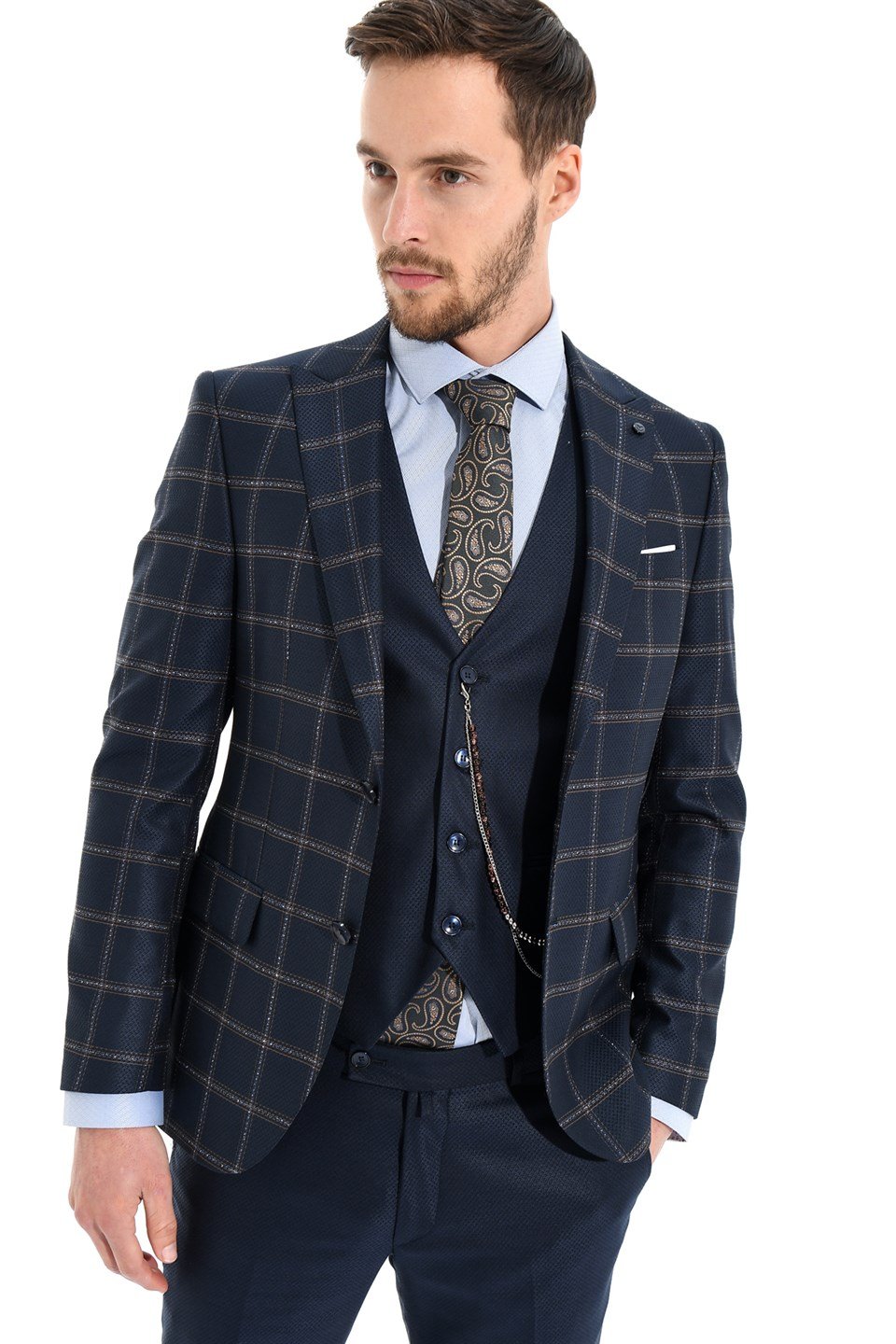  Morven Erkek Lacivert Tesutti Kareli Yelekli Kombinli Slim Fit Dar Kesim 6 Drop Takım Elbise