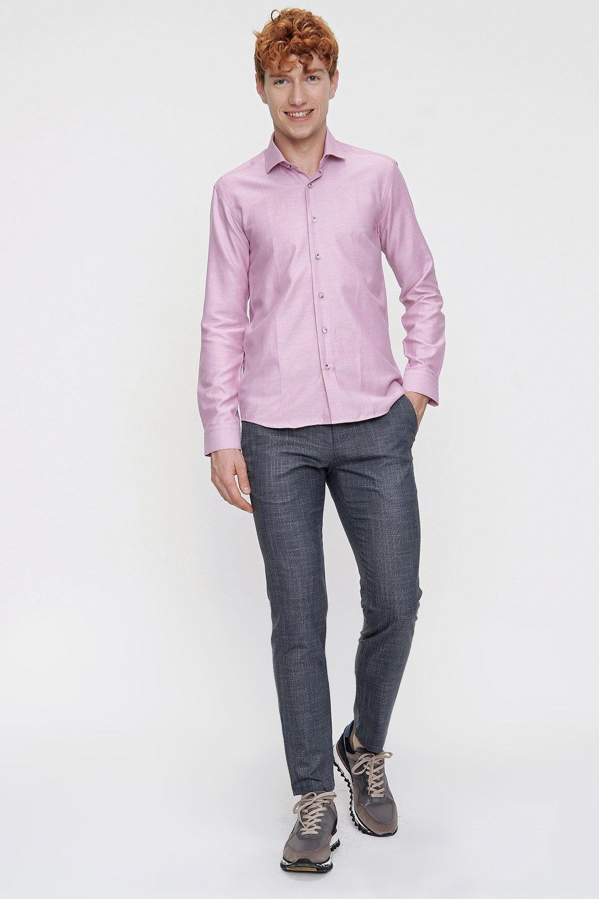  Morven Erkek Lila Slim Fit Dar Kesim Jakarlı Sert Yaka Uzun Kollu Gömlek