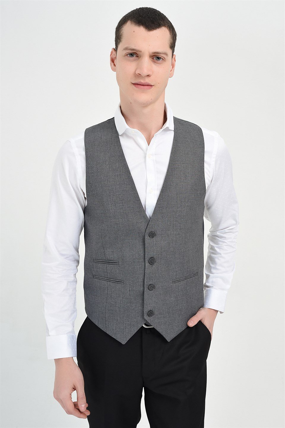  Morven Erkek Madrid Slim Fit V Yaka Yelek Füme