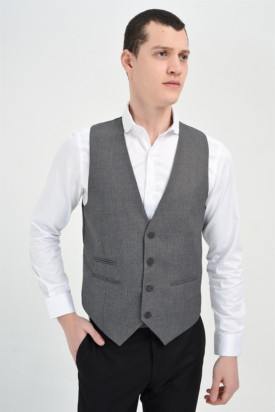  Morven Erkek Madrid Slim Fit V Yaka Yelek Füme