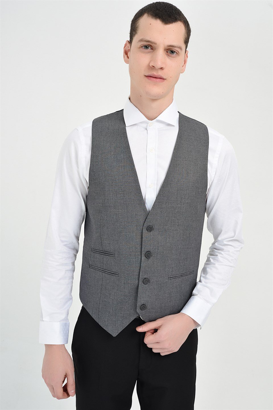  Morven Erkek Madrid Slim Fit V Yaka Yelek Füme